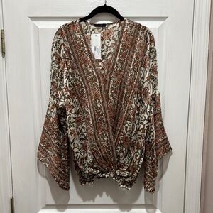 Rich Brown Wrap Blouse with Dolman Sleeves